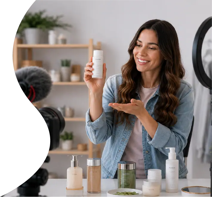 Creadora de contenido presentando productos de cuidado personal